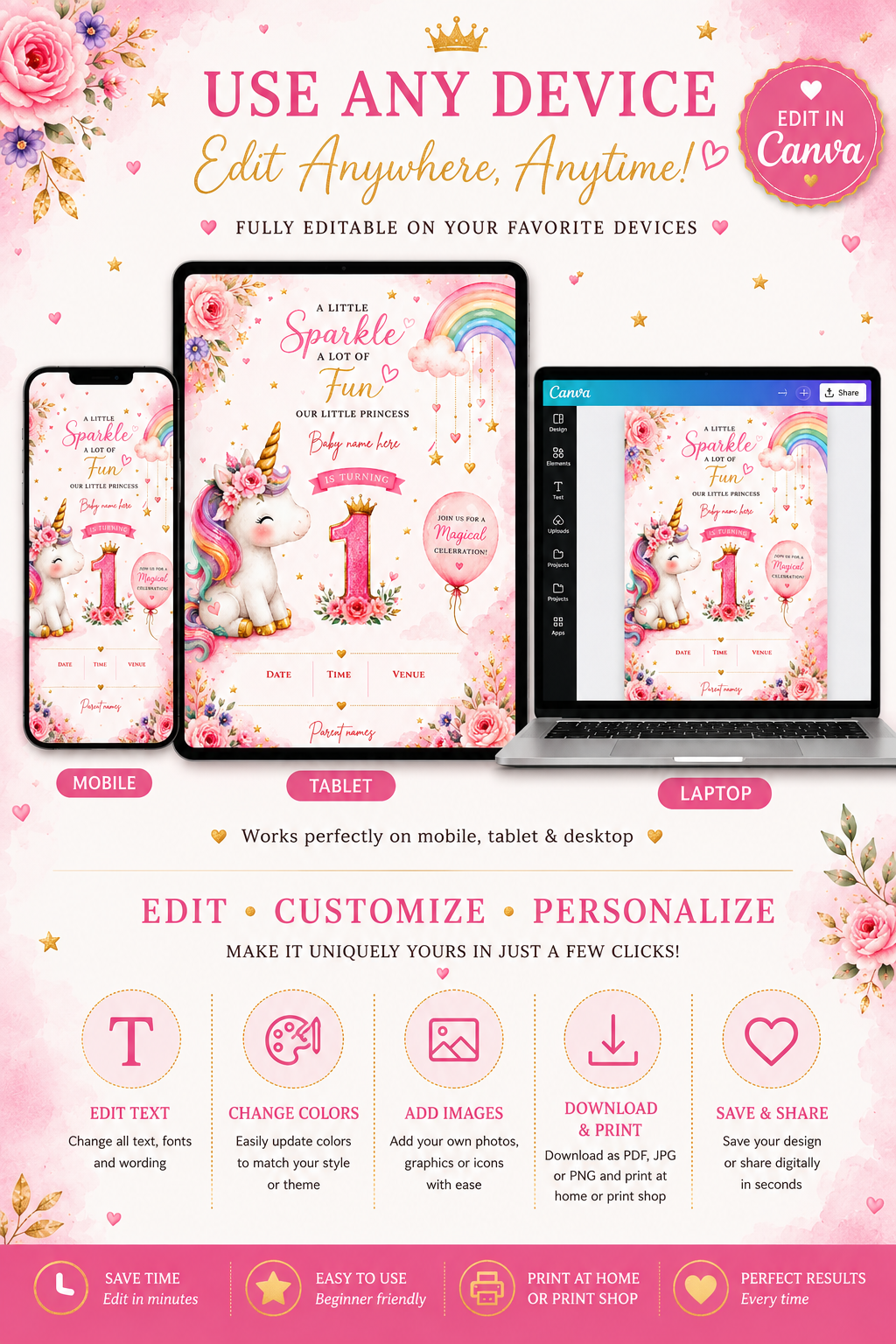 Unicorn 1st Birthday Invitation Template | Editable Canva Birthday Invite | Pink Rainbow First Birthday Party Invitation