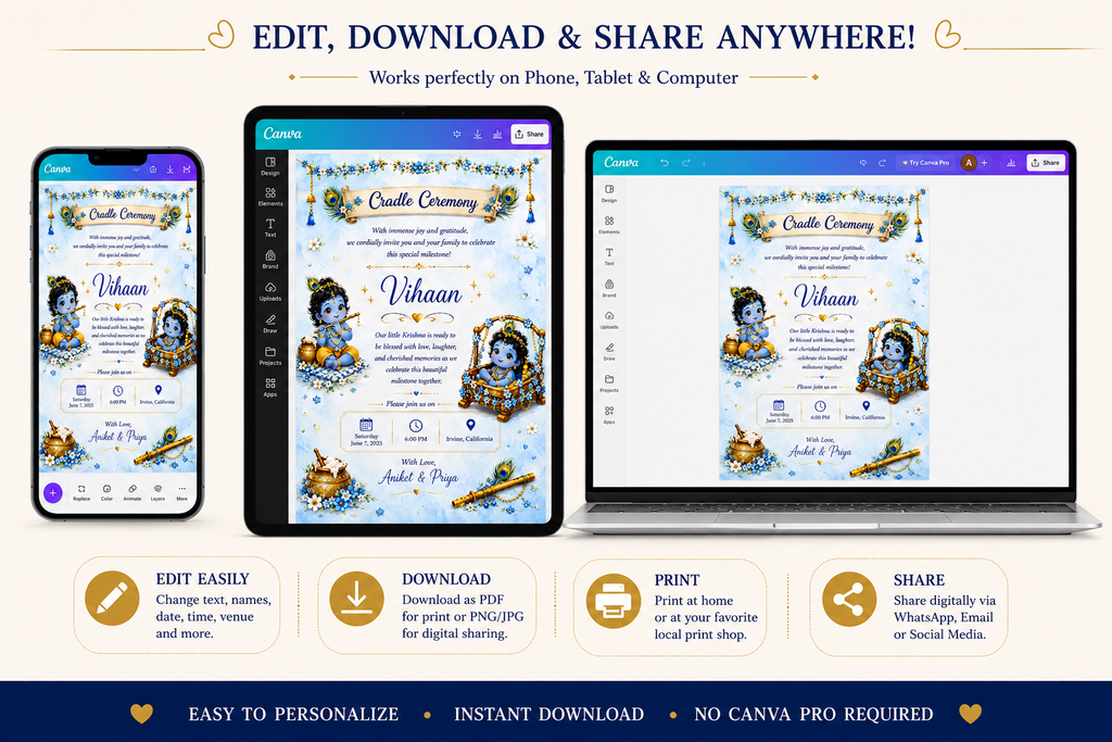 Little Krishna Cradle Ceremony Invitation Template | Editable Canva Invitation | Namakaran Invitation | Baby Naming Ceremony | Digital Download