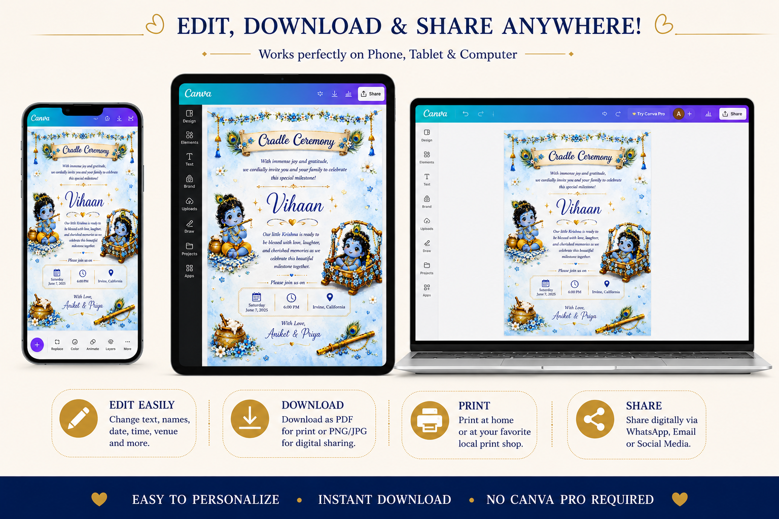 Little Krishna Cradle Ceremony Invitation Template | Editable Canva Invitation | Namakaran Invitation | Baby Naming Ceremony | Digital Download