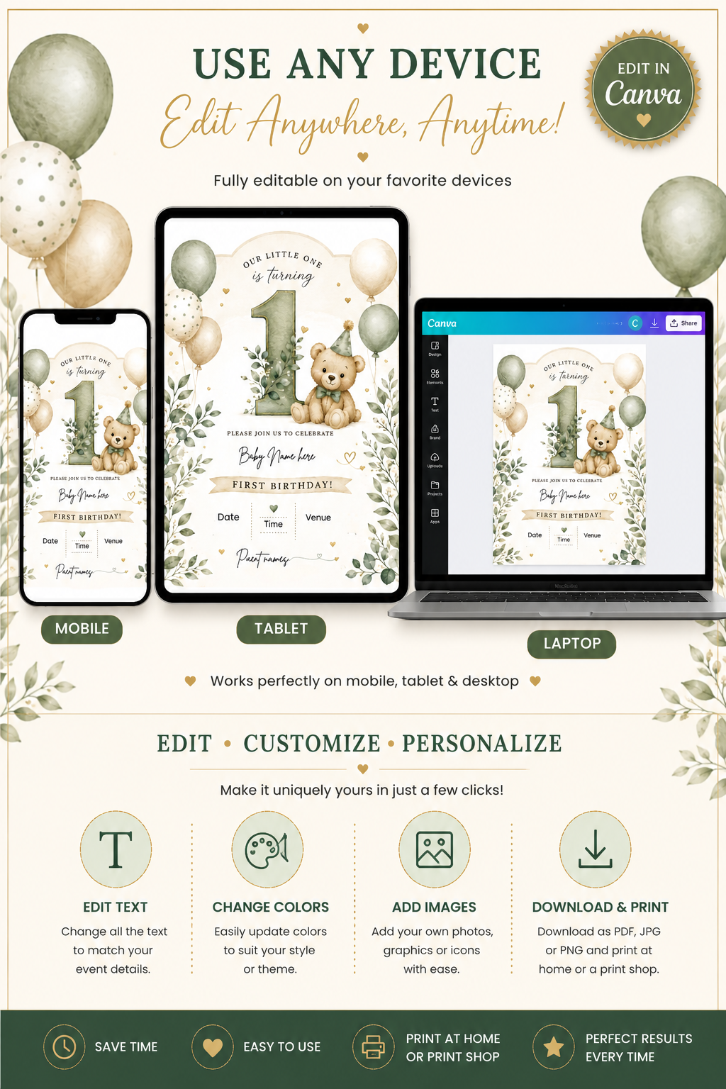 Sage Teddy Bear 1st Birthday Invitation Template | Editable Canva Invite | Instant Download