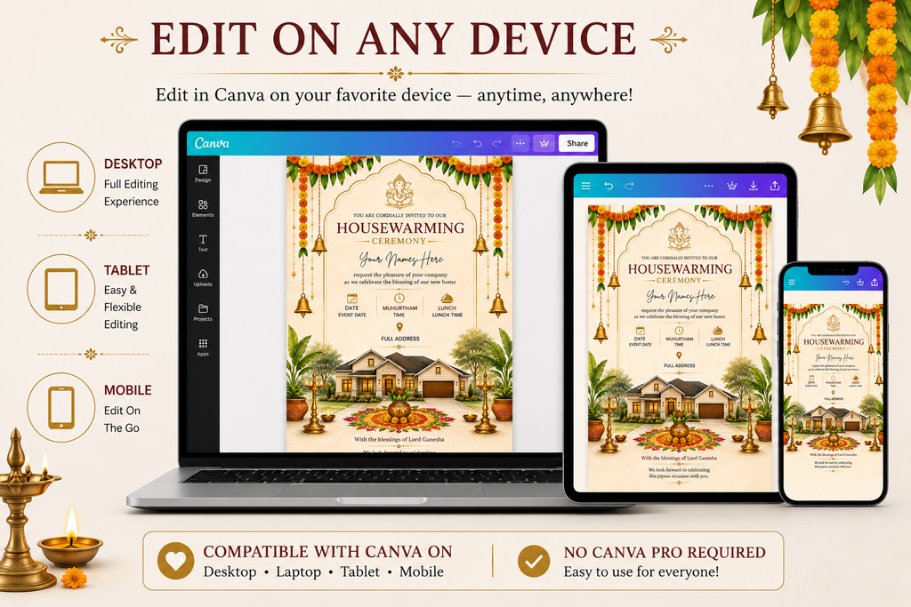 Editable Ganesha Housewarming Invitation | Gruha Pravesam Canva Template