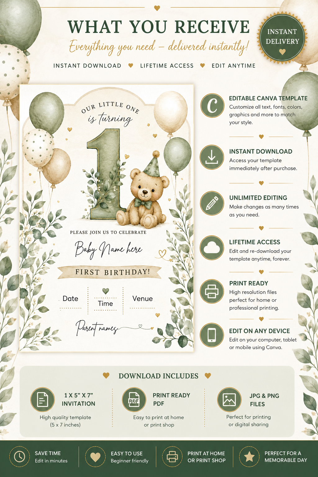 Sage Teddy Bear 1st Birthday Invitation Template | Editable Canva Invite | Instant Download