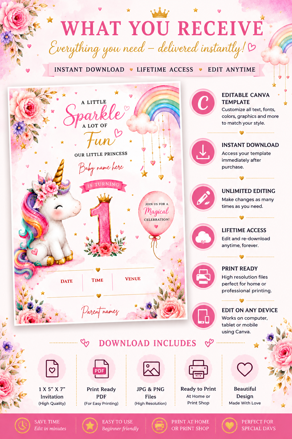 Unicorn 1st Birthday Invitation Template | Editable Canva Birthday Invite | Pink Rainbow First Birthday Party Invitation