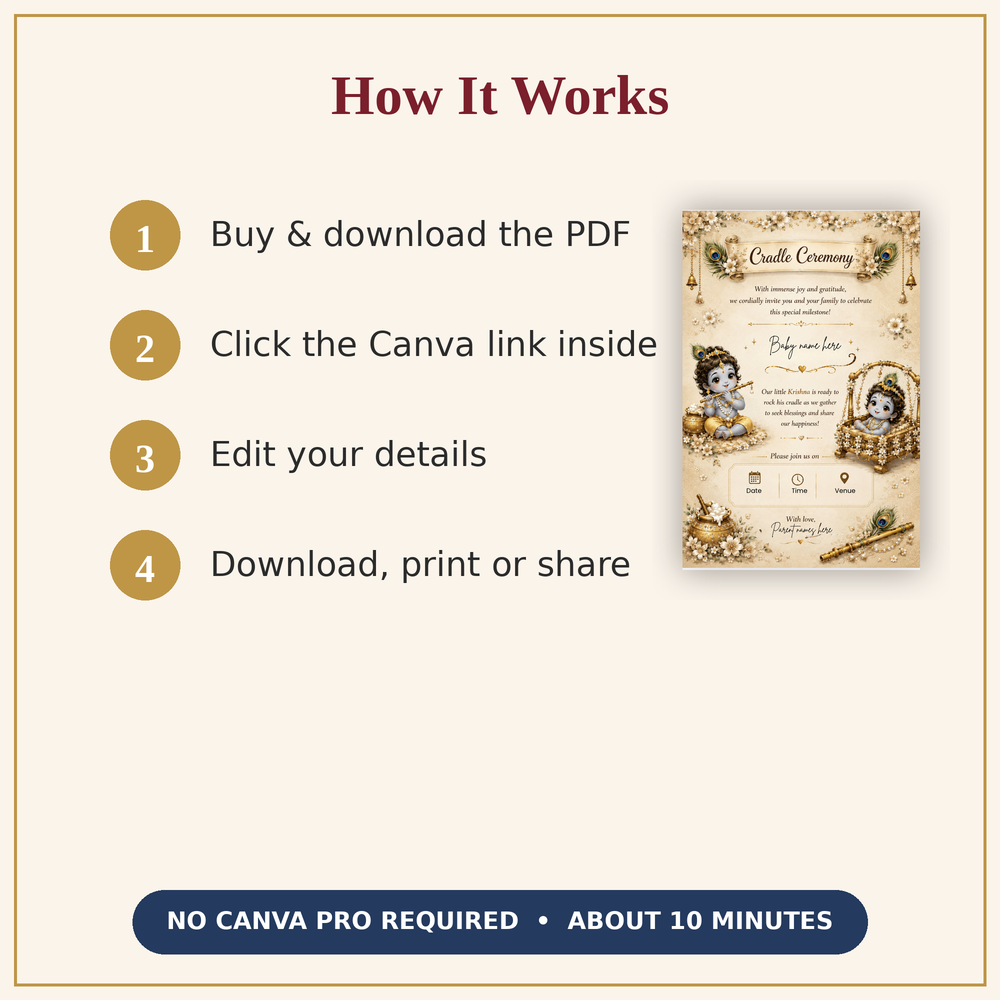 Beige Little Krishna Cradle Ceremony Invitation Template | Editable Canva Invite