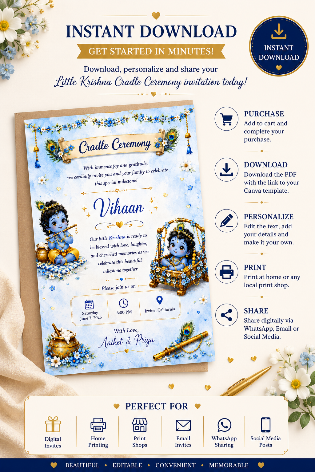 Little Krishna Cradle Ceremony Invitation Template | Editable Canva Invitation | Namakaran Invitation | Baby Naming Ceremony | Digital Download