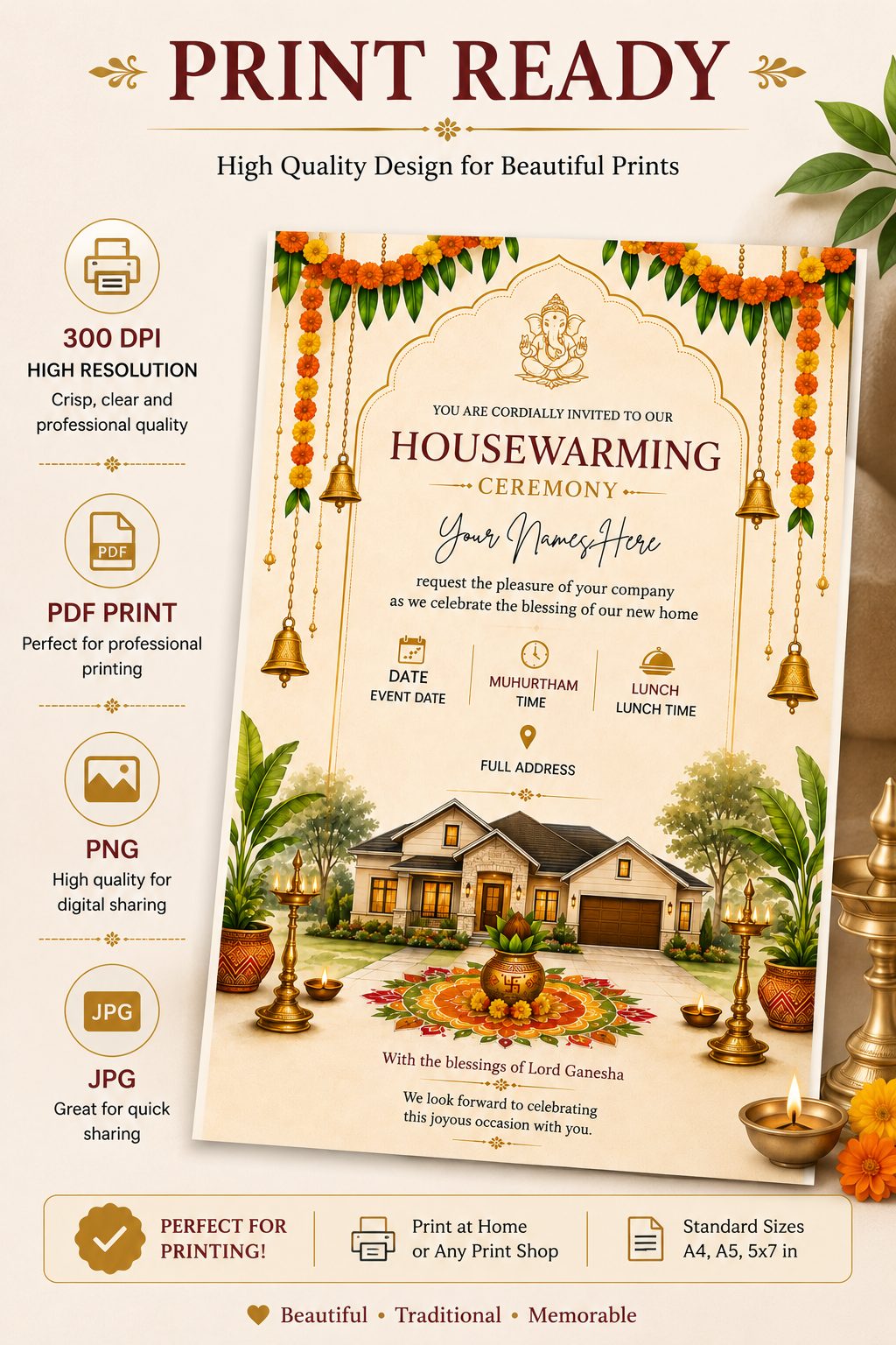 Editable Ganesha Housewarming Invitation | Gruha Pravesam Canva Template