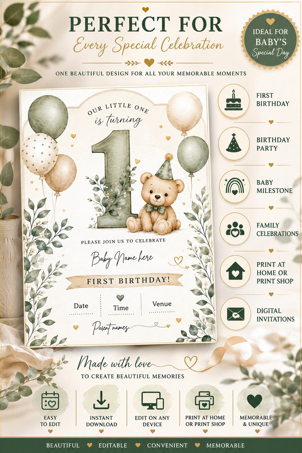 Sage Teddy Bear 1st Birthday Invitation Template | Editable Canva Invite | Instant Download