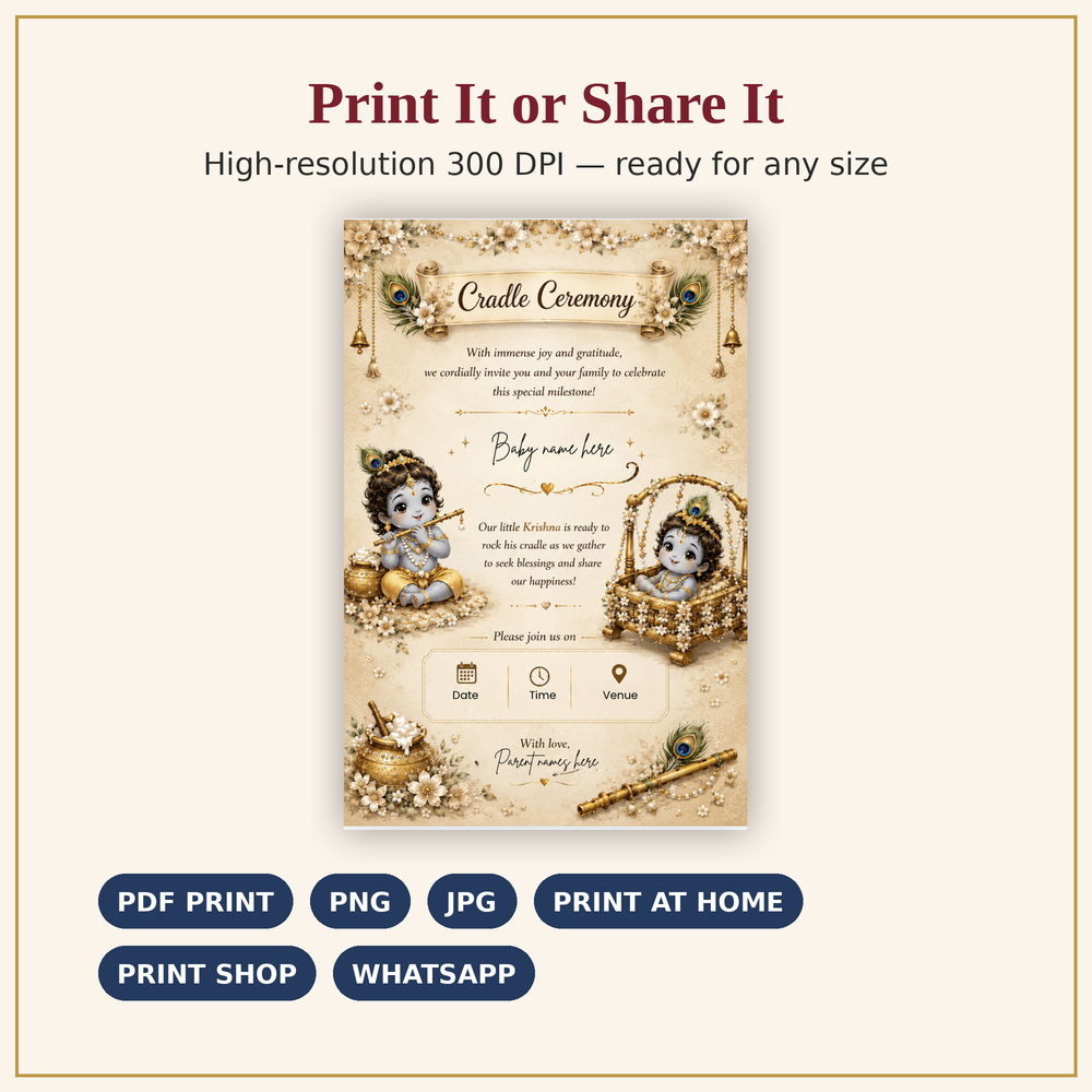 Beige Little Krishna Cradle Ceremony Invitation Template | Editable Canva Invite