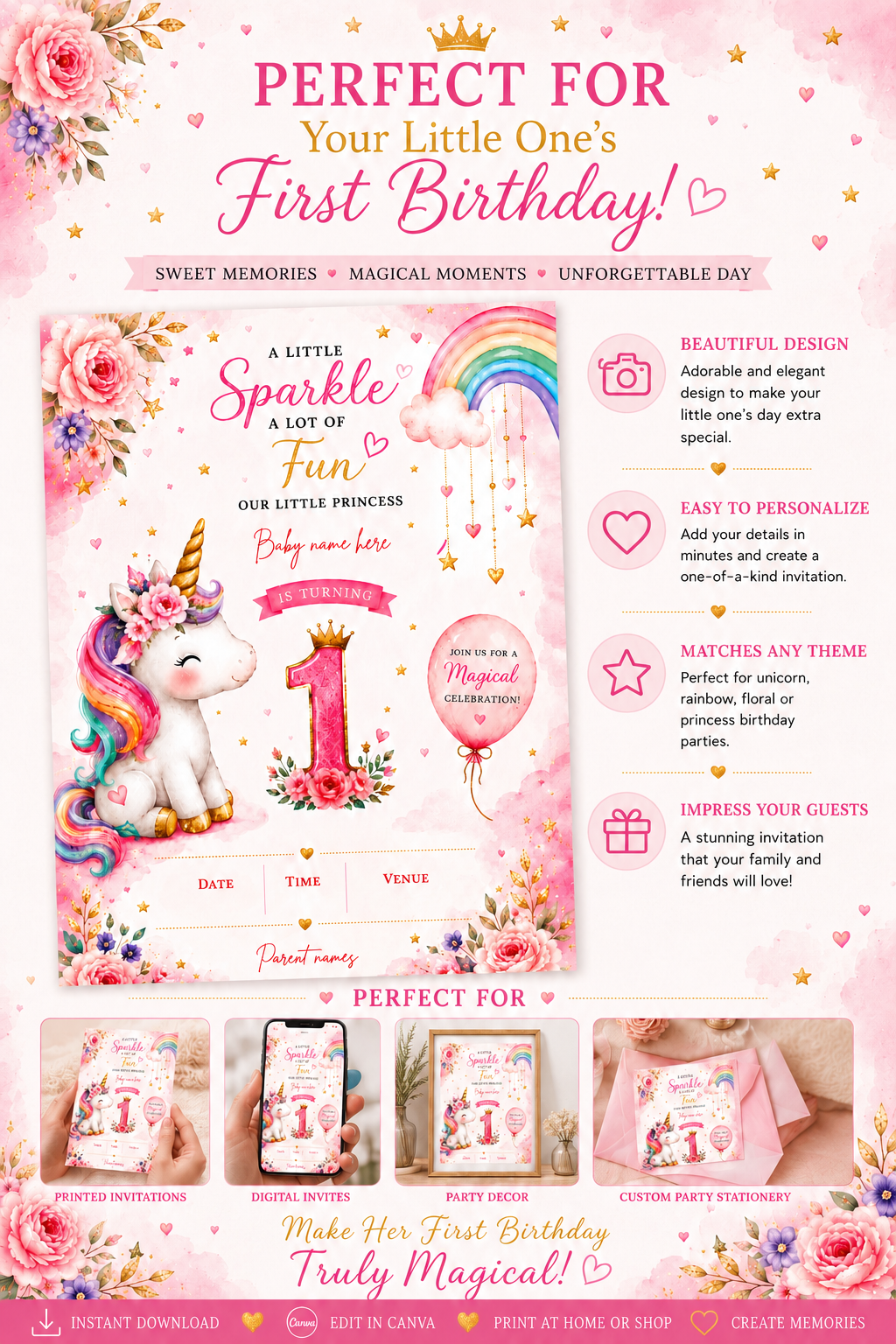 Unicorn 1st Birthday Invitation Template | Editable Canva Birthday Invite | Pink Rainbow First Birthday Party Invitation