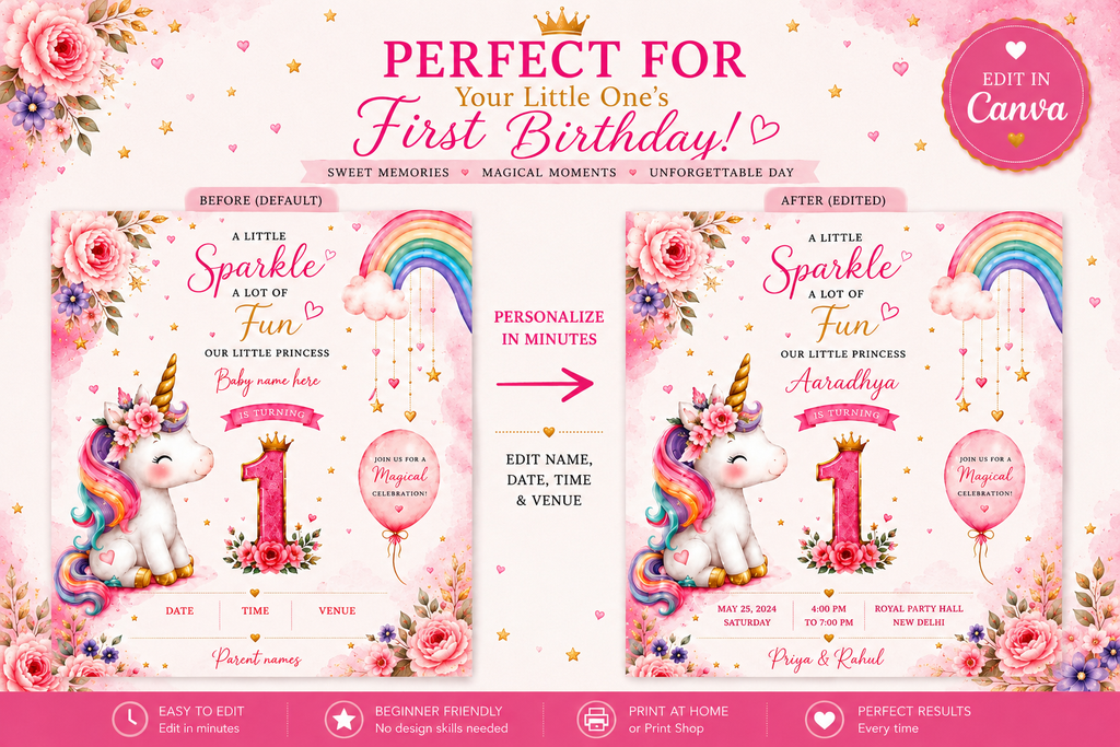 Unicorn 1st Birthday Invitation Template | Editable Canva Birthday Invite | Pink Rainbow First Birthday Party Invitation