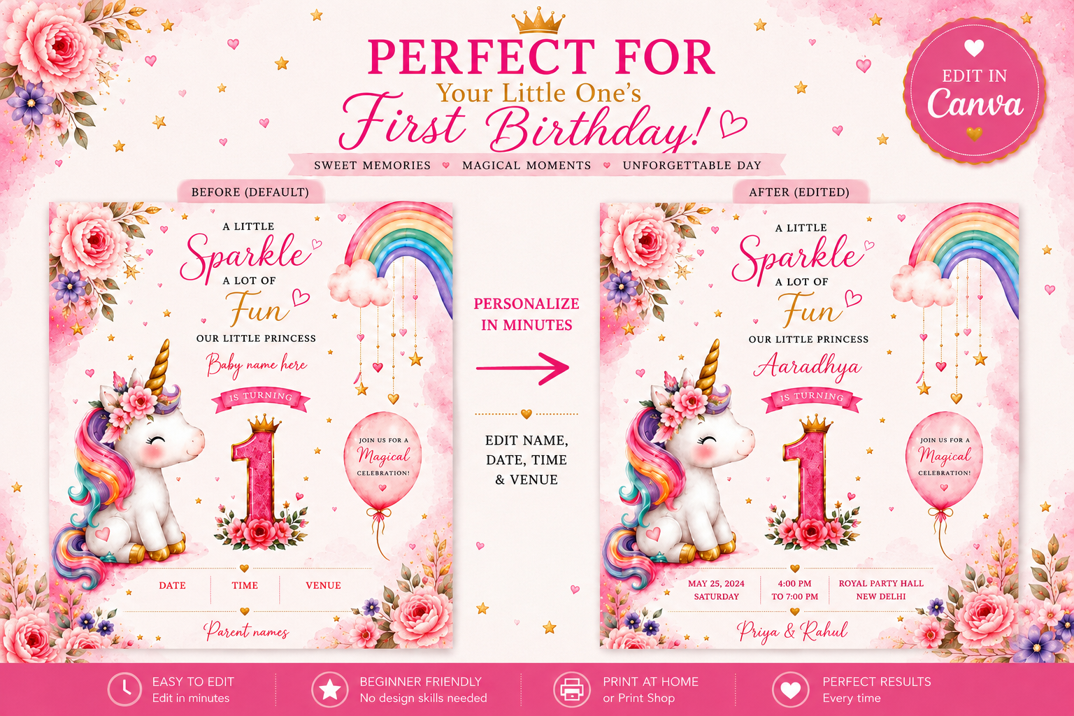 Unicorn 1st Birthday Invitation Template | Editable Canva Birthday Invite | Pink Rainbow First Birthday Party Invitation