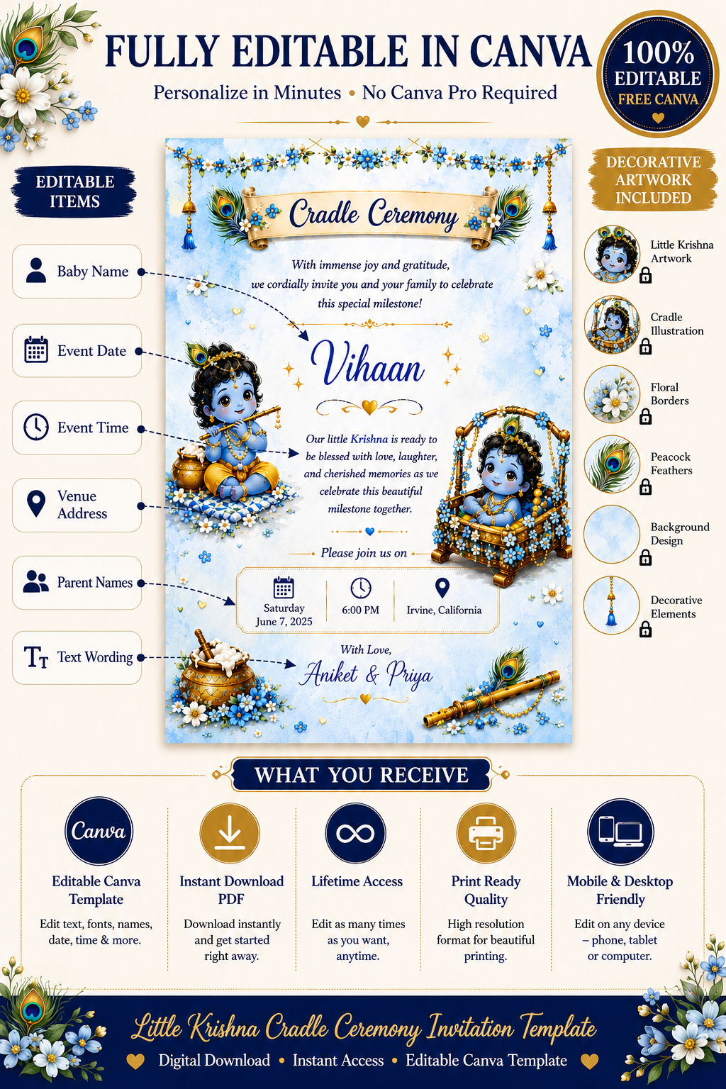 Little Krishna Cradle Ceremony Invitation Template | Editable Canva Invitation | Namakaran Invitation | Baby Naming Ceremony | Digital Download