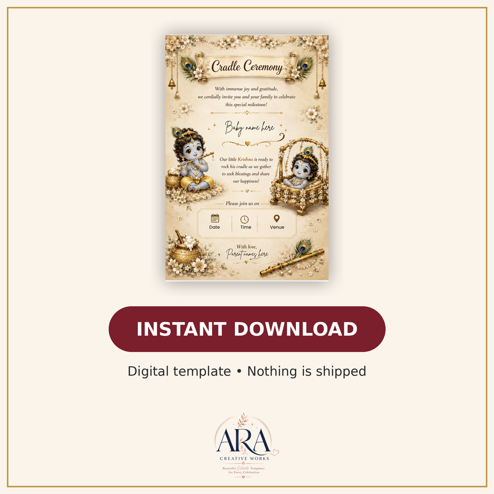 Beige Little Krishna Cradle Ceremony Invitation Template | Editable Canva Invite