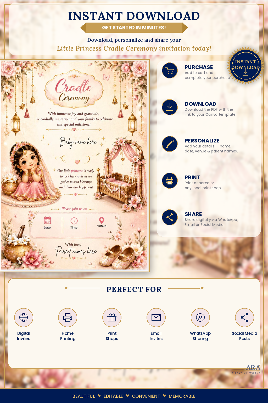 Little Princess Cradle Ceremony Invitation Template, Editable Canva Invite, Naming Ceremony Invitation, Baby Girl Cradle Card
