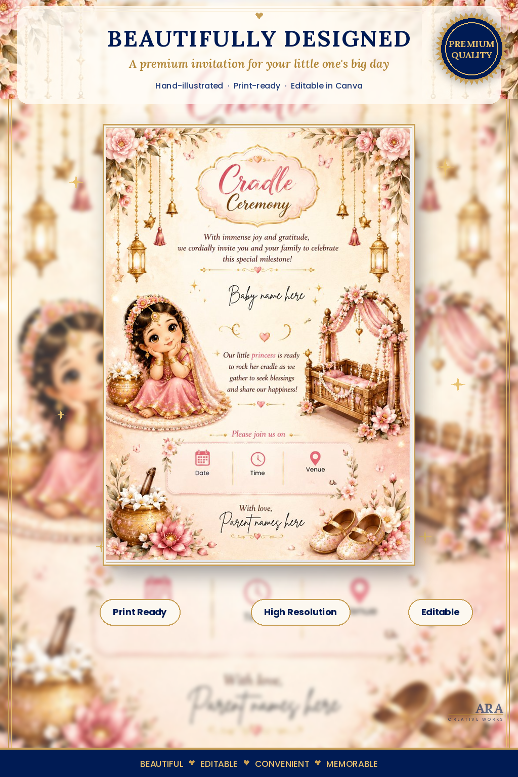 Little Princess Cradle Ceremony Invitation Template, Editable Canva Invite, Naming Ceremony Invitation, Baby Girl Cradle Card