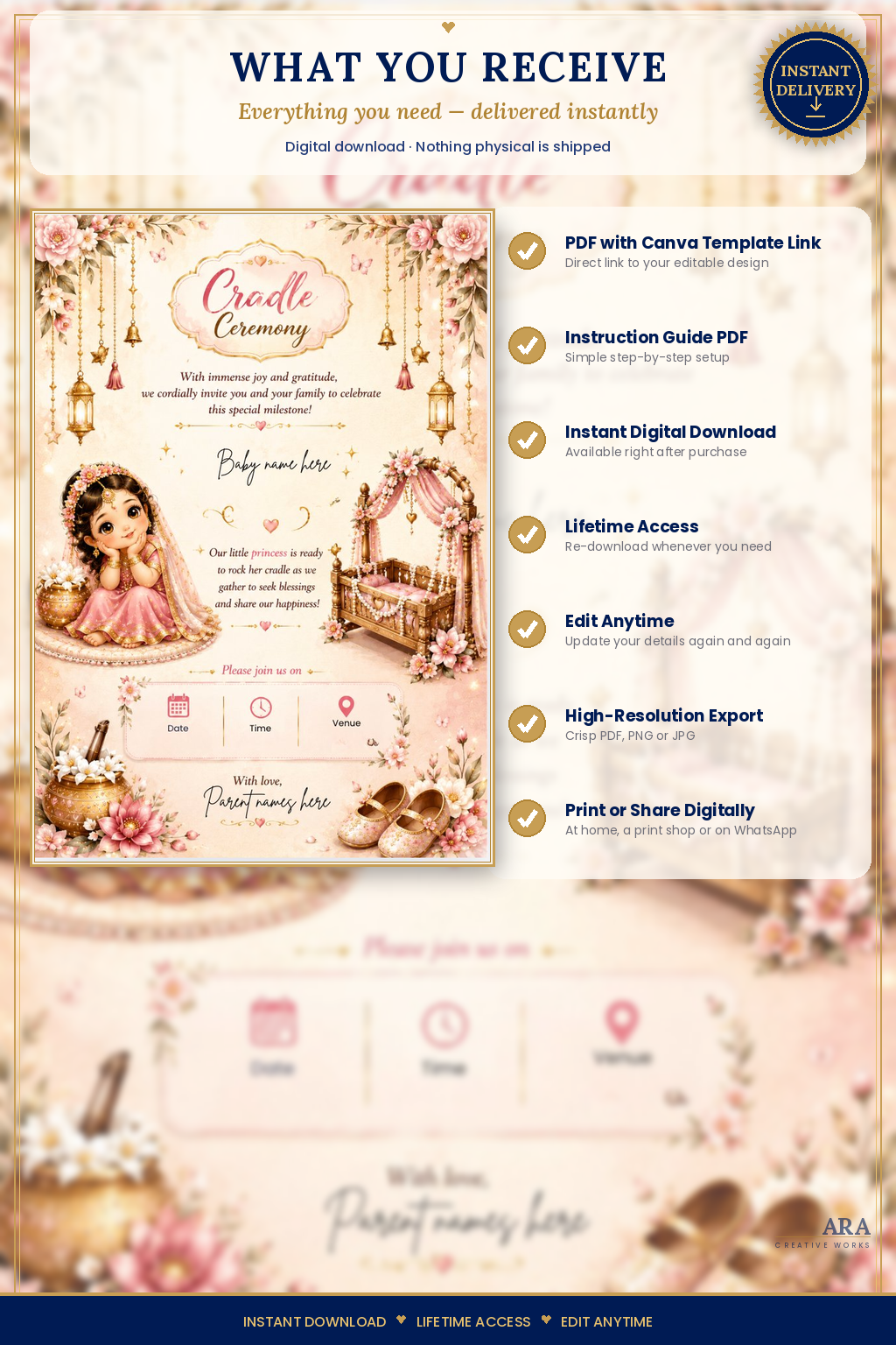 Little Princess Cradle Ceremony Invitation Template, Editable Canva Invite, Naming Ceremony Invitation, Baby Girl Cradle Card