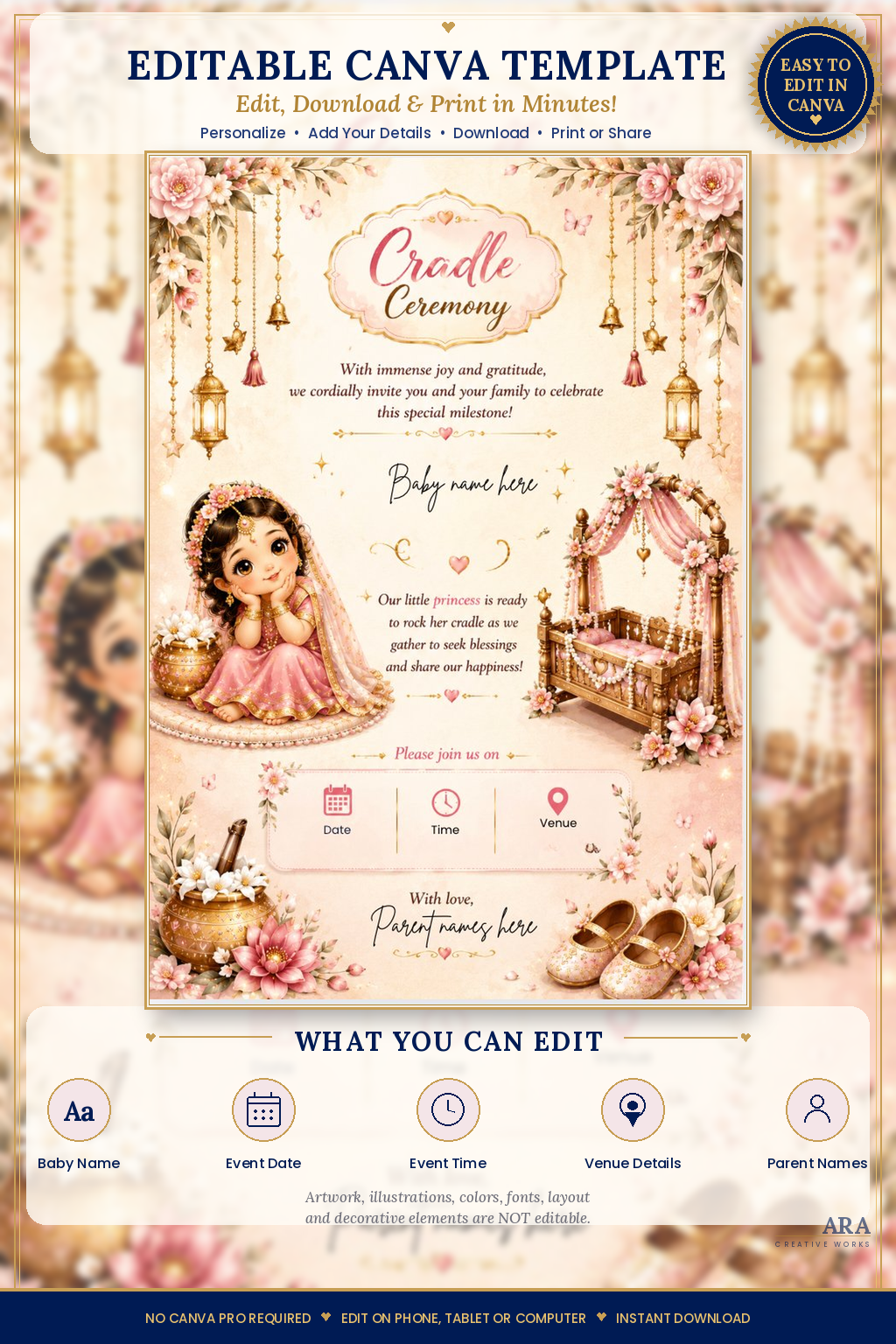 Little Princess Cradle Ceremony Invitation Template, Editable Canva Invite, Naming Ceremony Invitation, Baby Girl Cradle Card
