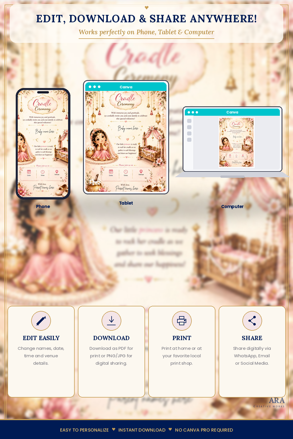 Little Princess Cradle Ceremony Invitation Template, Editable Canva Invite, Naming Ceremony Invitation, Baby Girl Cradle Card