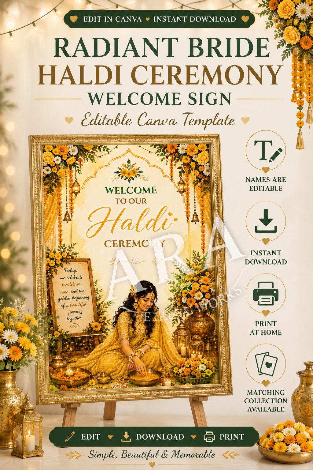 Radiant Bride Haldi Ceremony Welcome Sign, Editable Canva Template, Indian Wedding Haldi Sign, Bridal Haldi Welcome Poster, Digital Download