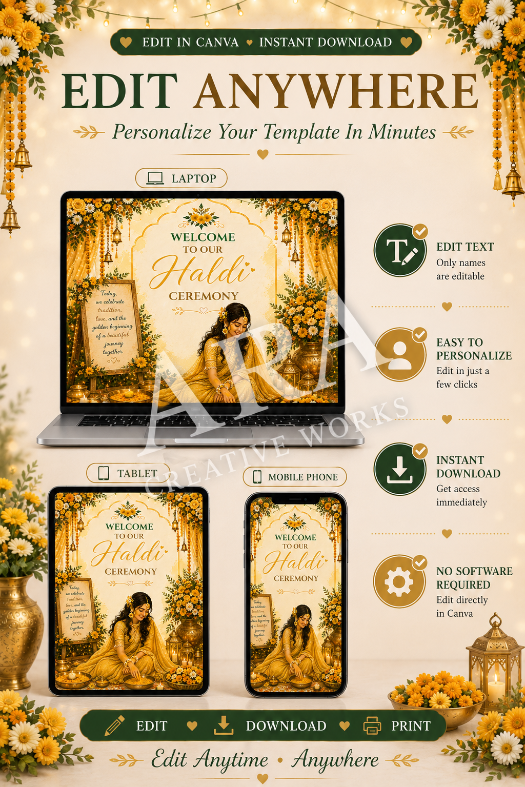 Radiant Bride Haldi Ceremony Welcome Sign, Editable Canva Template, Indian Wedding Haldi Sign, Bridal Haldi Welcome Poster, Digital Download