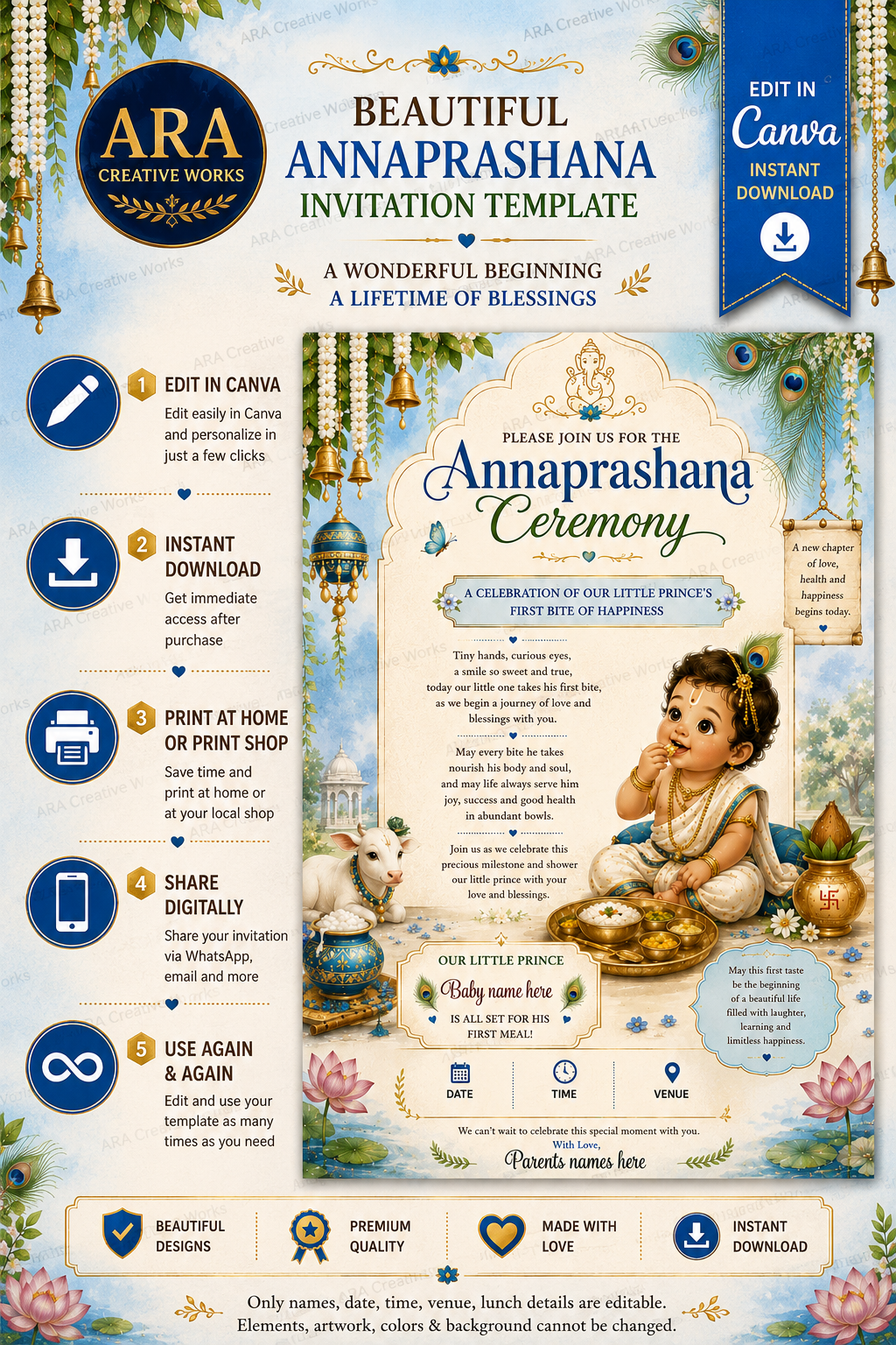 Royal Blue Krishna Annaprashana Invitation | Editable Canva First Rice Ceremony Invitation | Digital Download