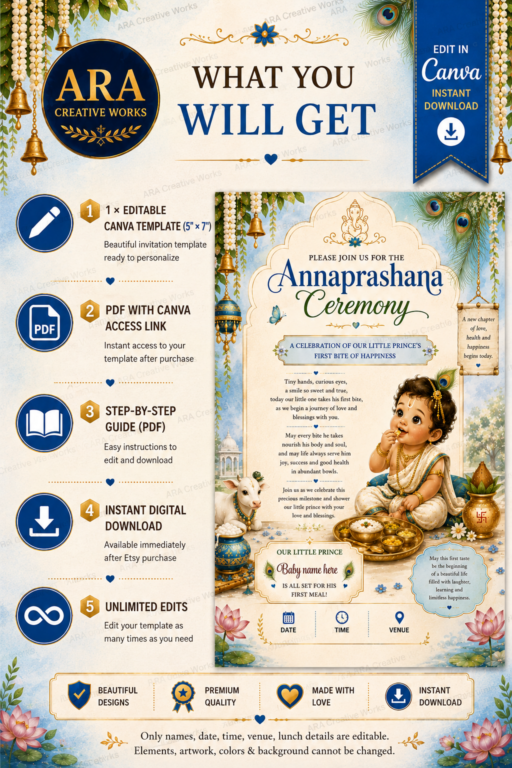 Royal Blue Krishna Annaprashana Invitation | Editable Canva First Rice Ceremony Invitation | Digital Download