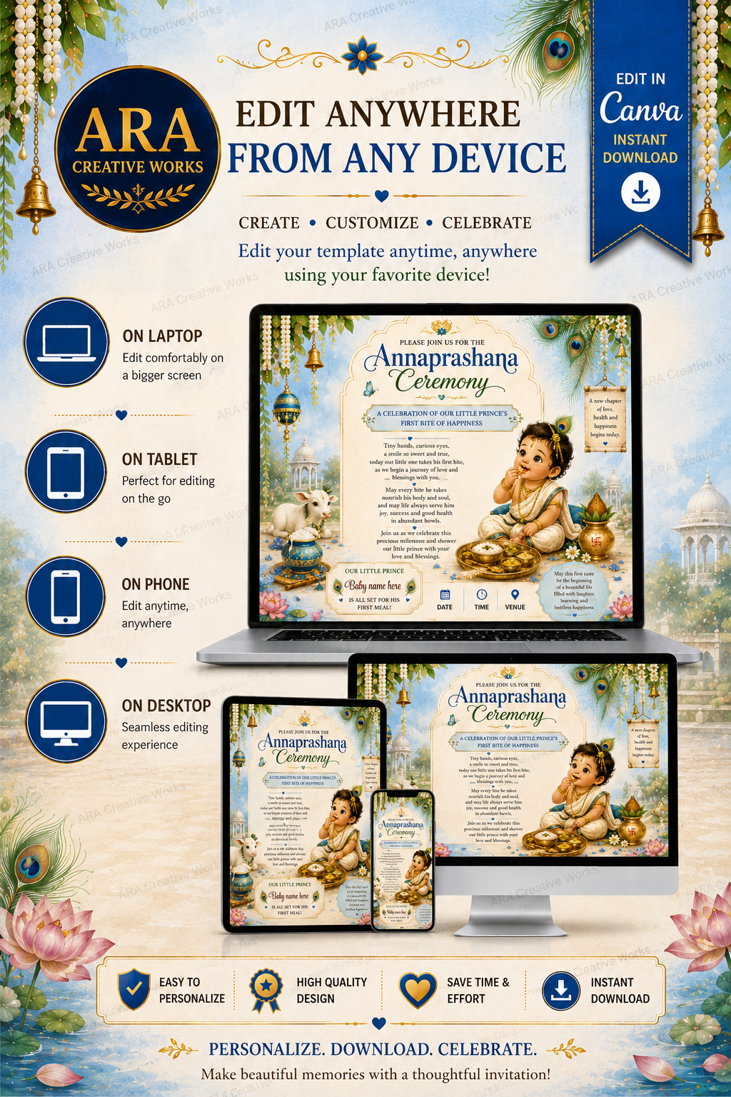 Royal Blue Krishna Annaprashana Invitation | Editable Canva First Rice Ceremony Invitation | Digital Download