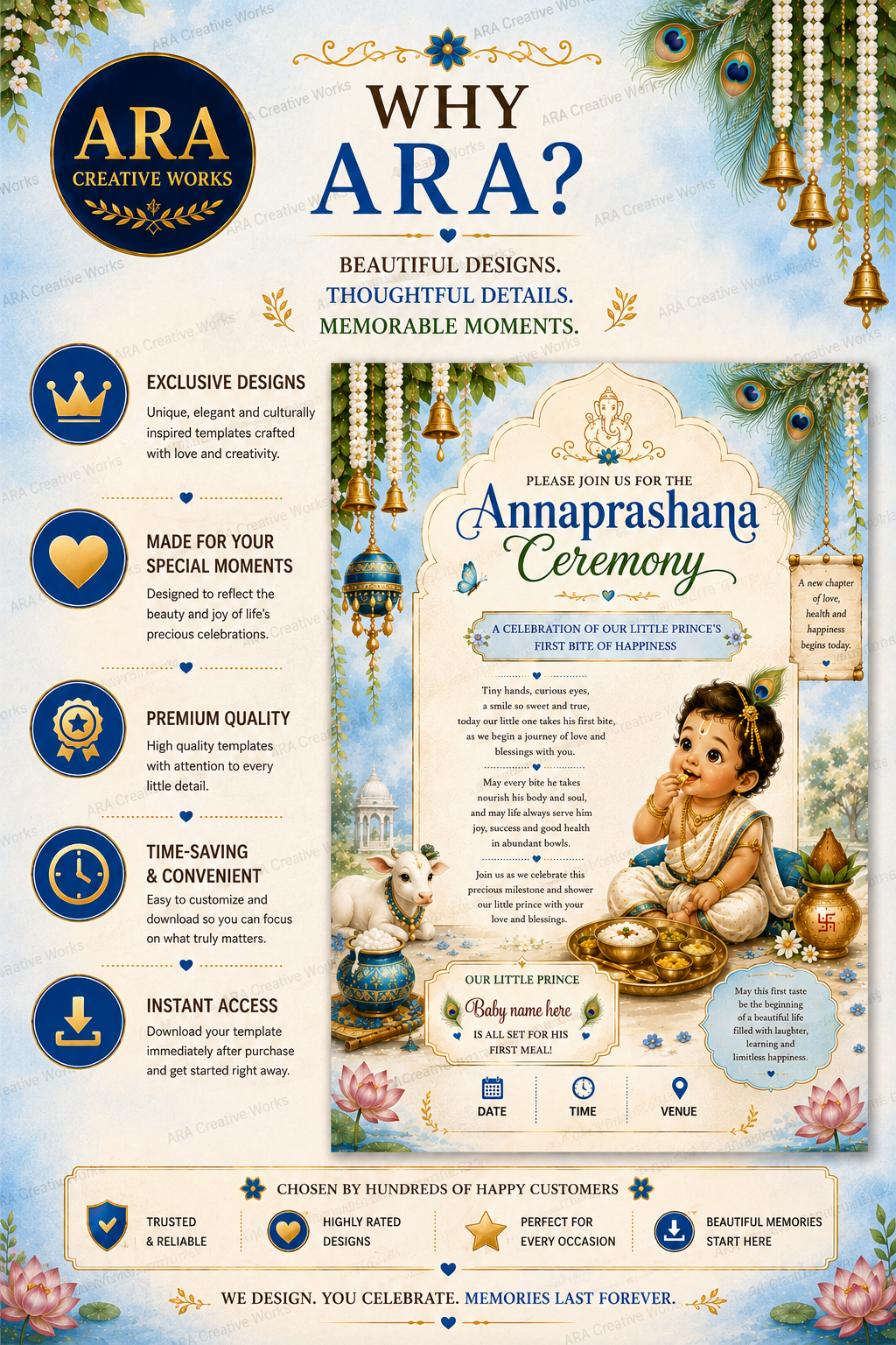 Royal Blue Krishna Annaprashana Invitation | Editable Canva First Rice Ceremony Invitation | Digital Download
