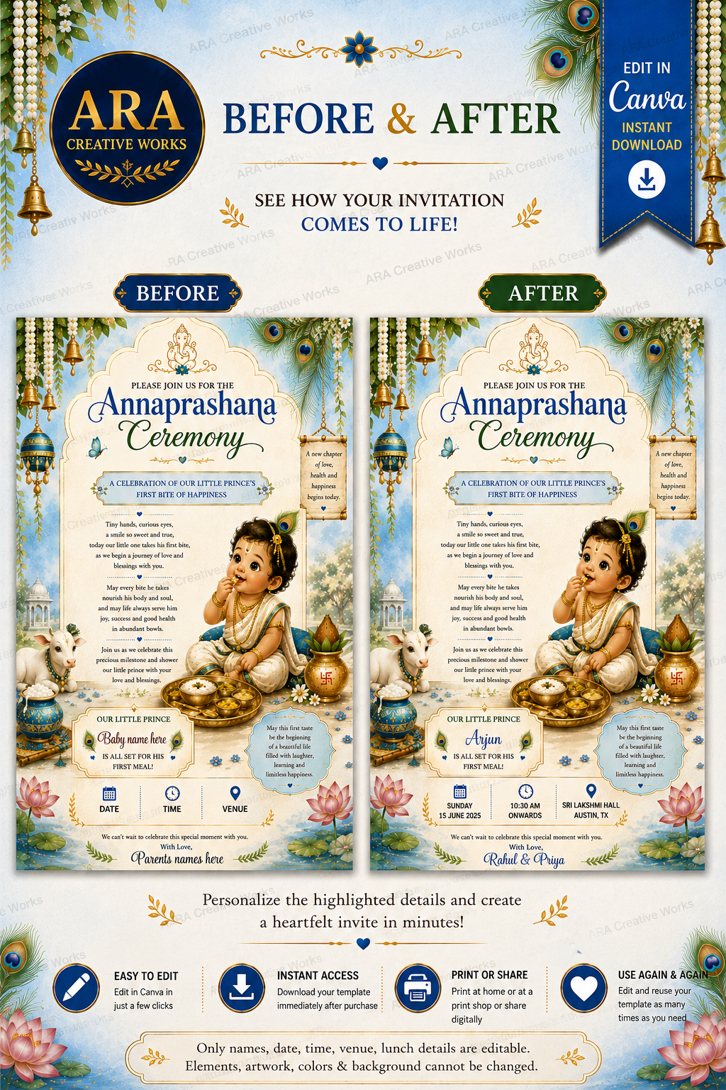 Royal Blue Krishna Annaprashana Invitation | Editable Canva First Rice Ceremony Invitation | Digital Download