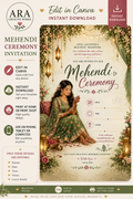 Royal Bridal Mehendi Ceremony Invitation | Canva Editable Template | Instant Download