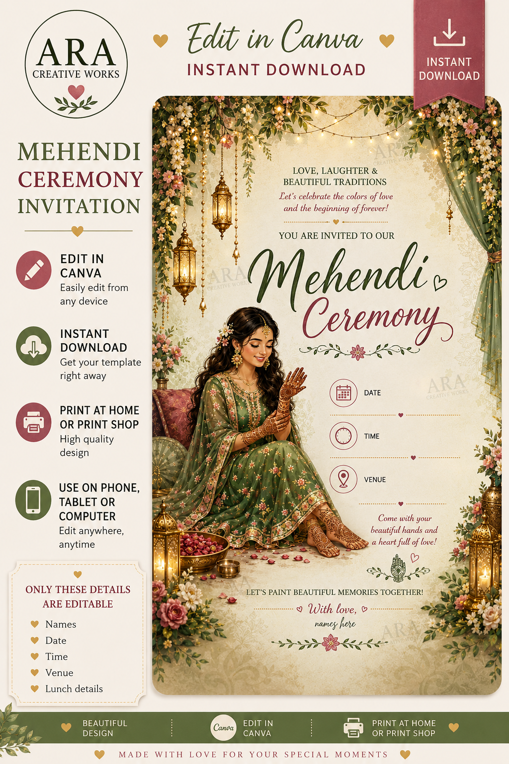 Royal Bridal Mehendi Ceremony Invitation | Canva Editable Template | Instant Download