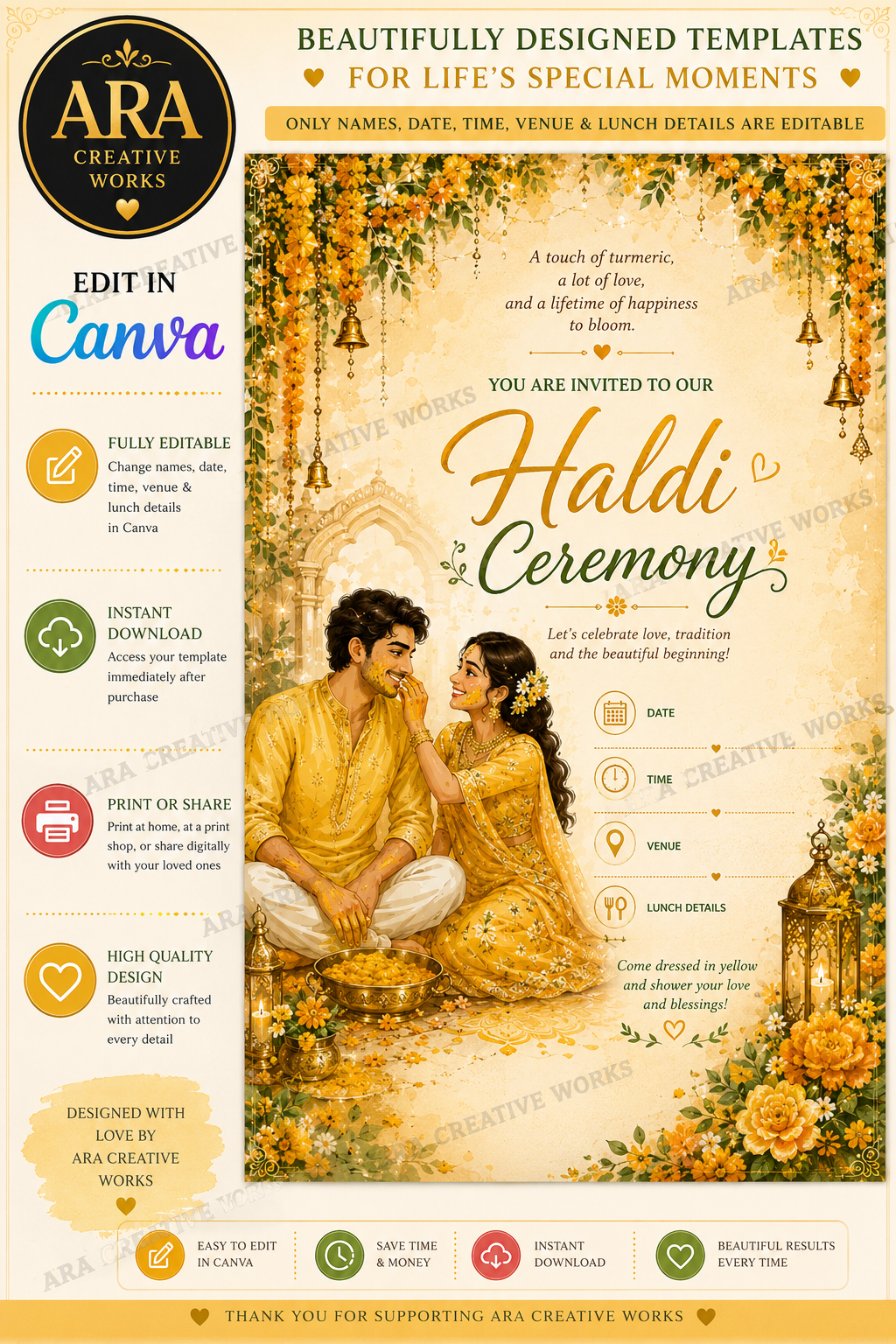 Royal Couple Haldi Ceremony Invitation | Editable Canva Template | Instant Download