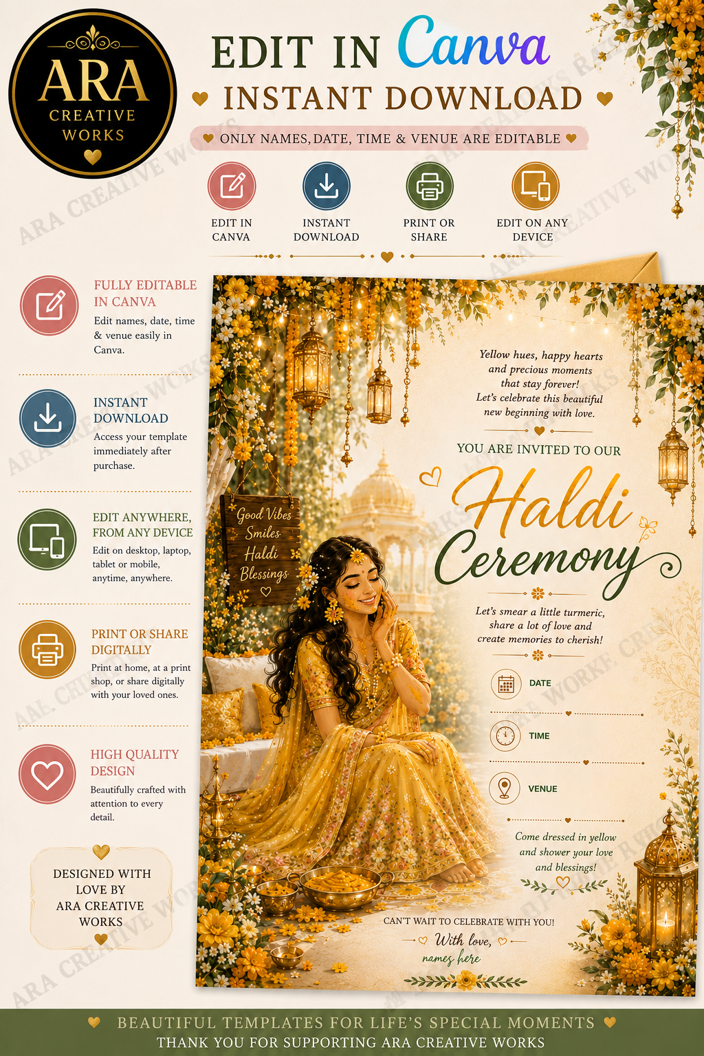 Royal Floral Haldi Ceremony Invitation | Editable Canva Template | Instant Download