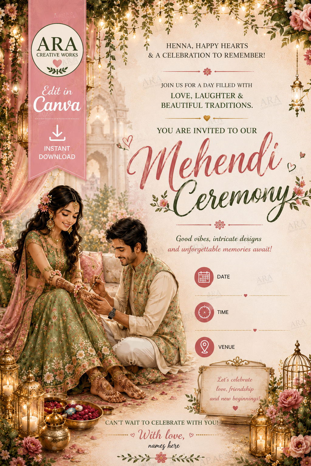 Royal Floral Mehendi Ceremony Invitation | Canva Editable Template | Instant Download