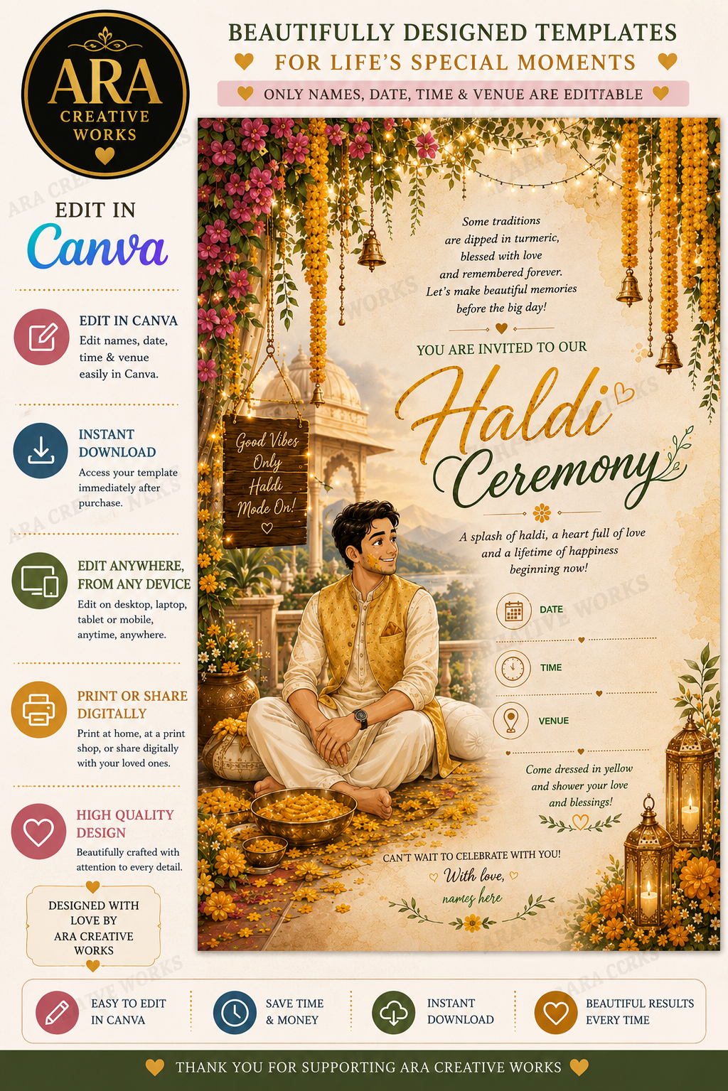 Royal Groom Haldi Ceremony Invitation Template | Editable Canva Invitation | Instant Download