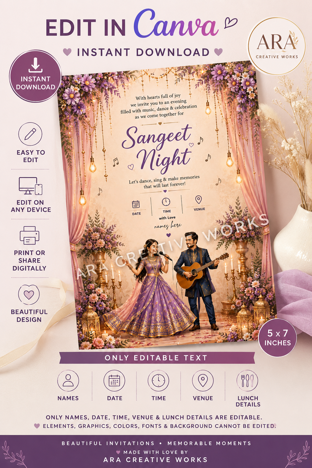Royal Lavender Sangeet Night Invitation Template | Editable Canva Wedding Invite | Instant Download