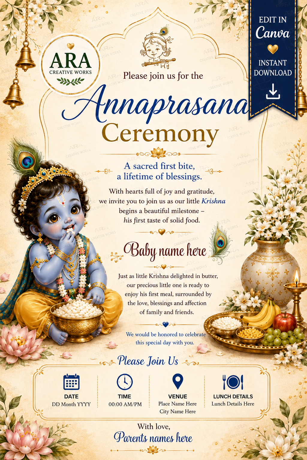 Royal Little Krishna Annaprasana Invitation | Editable Canva First Rice Ceremony Invite