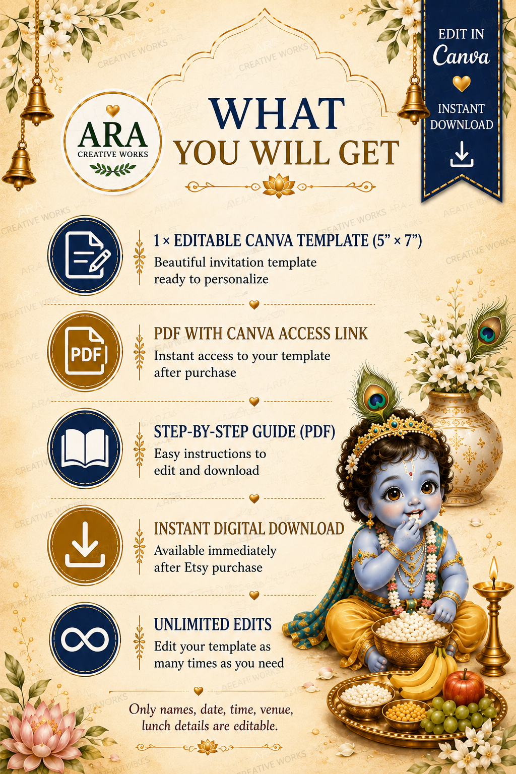 Royal Little Krishna Annaprasana Invitation | Editable Canva First Rice Ceremony Invite