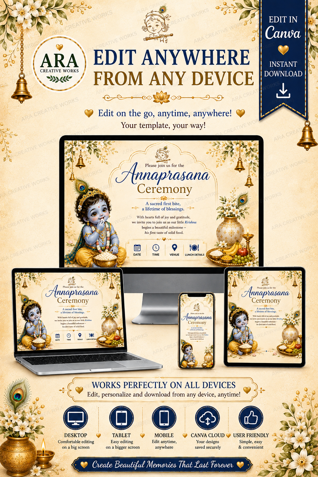 Royal Little Krishna Annaprasana Invitation | Editable Canva First Rice Ceremony Invite