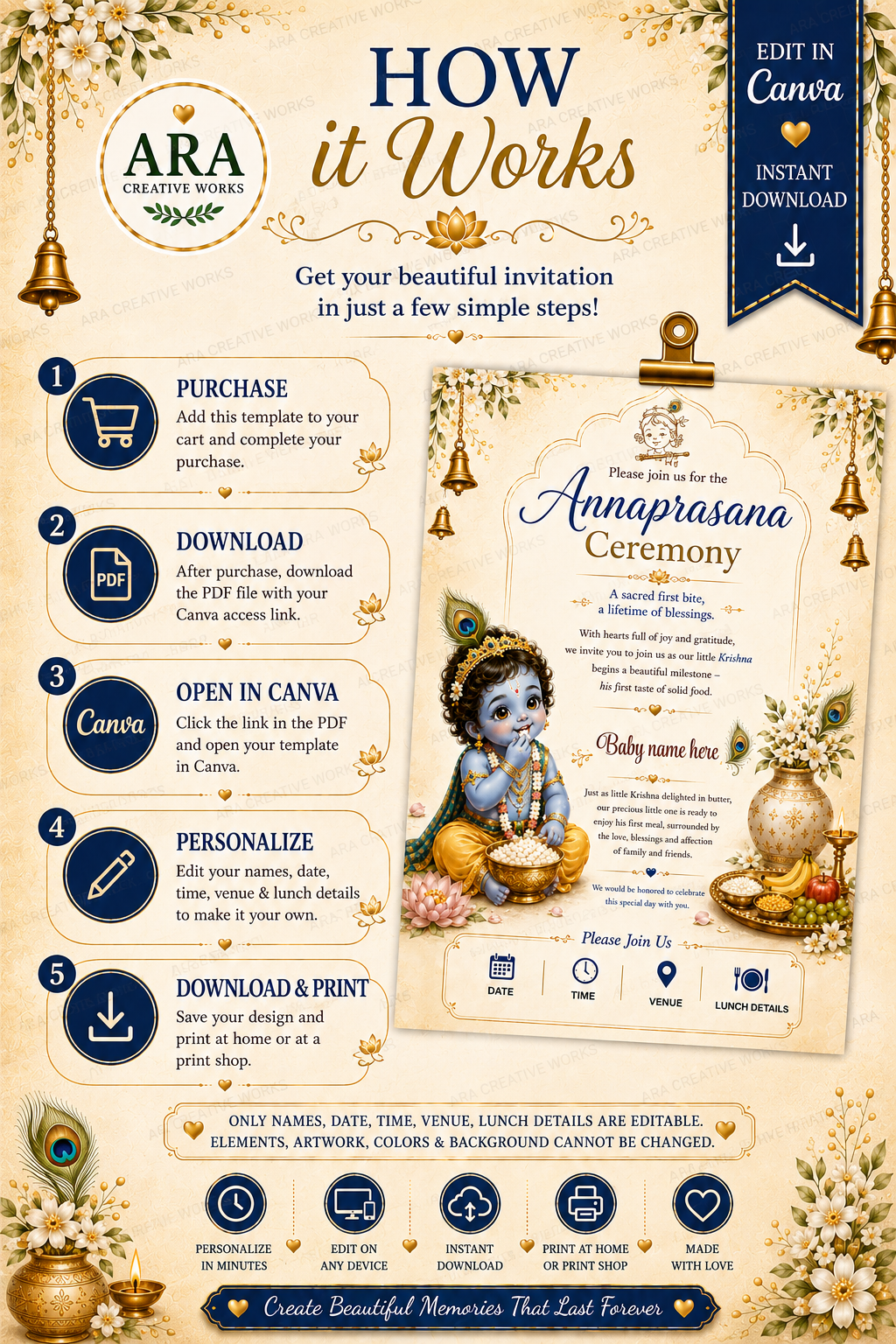 Royal Little Krishna Annaprasana Invitation | Editable Canva First Rice Ceremony Invite