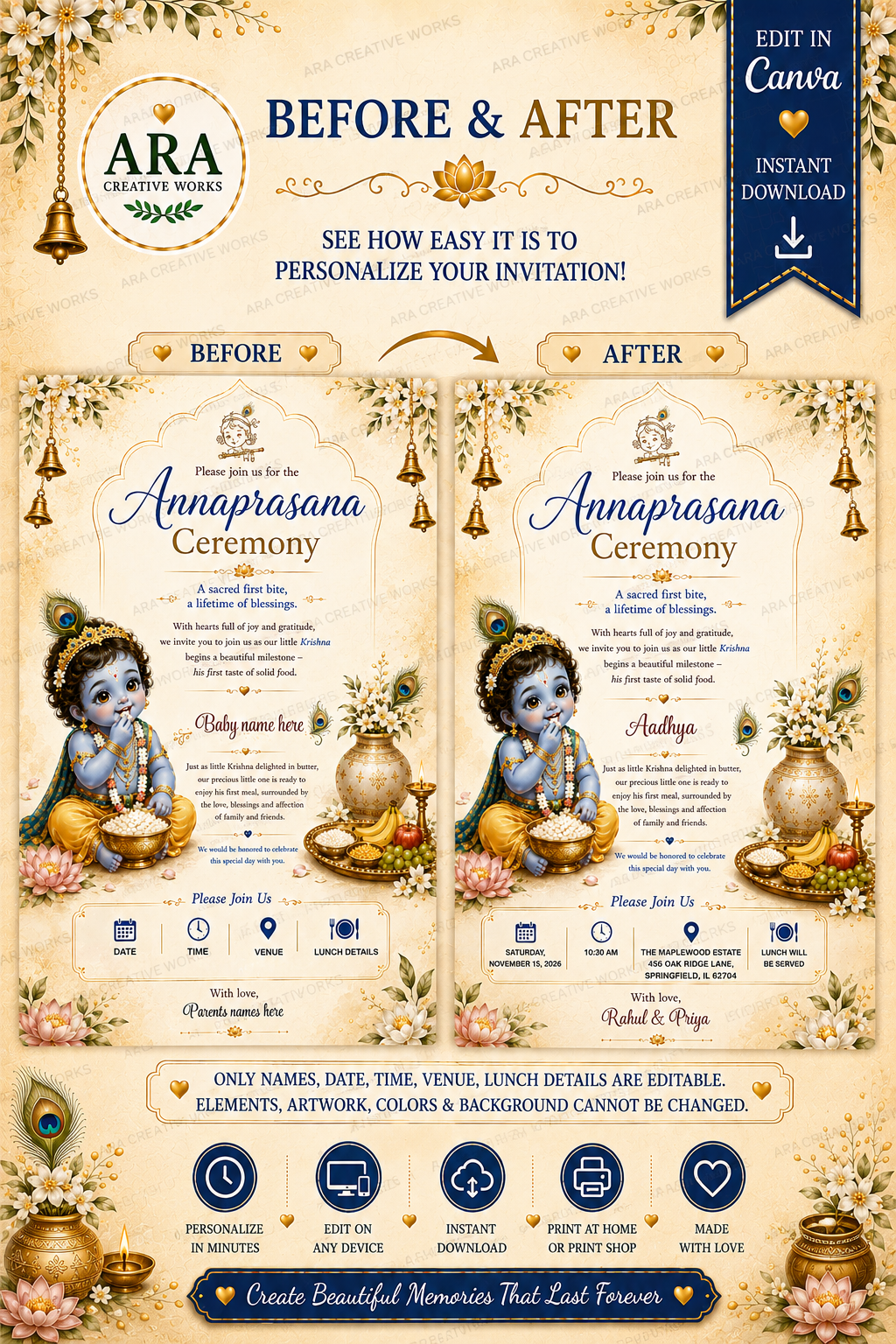 Royal Little Krishna Annaprasana Invitation | Editable Canva First Rice Ceremony Invite