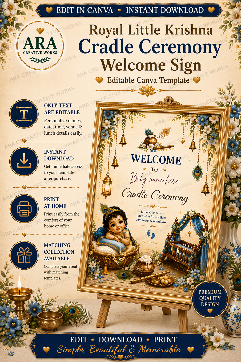 Royal Little Krishna Cradle Ceremony Welcome Sign | Editable Canva Template