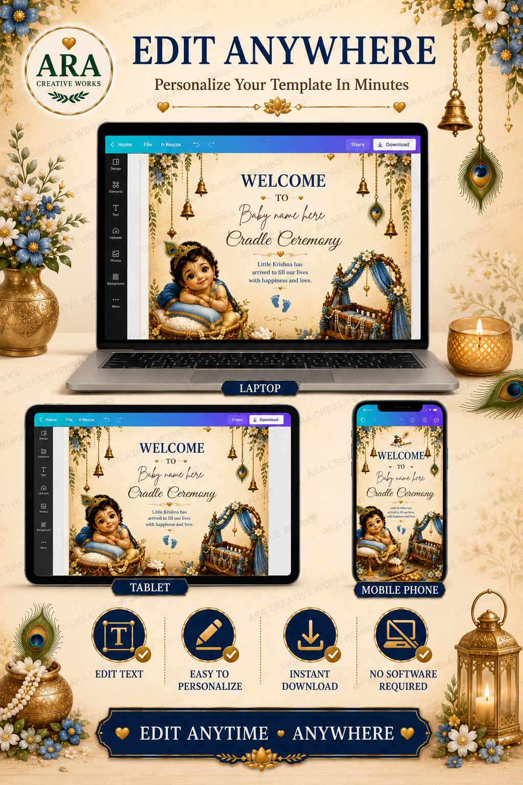 Royal Little Krishna Cradle Ceremony Welcome Sign | Editable Canva Template