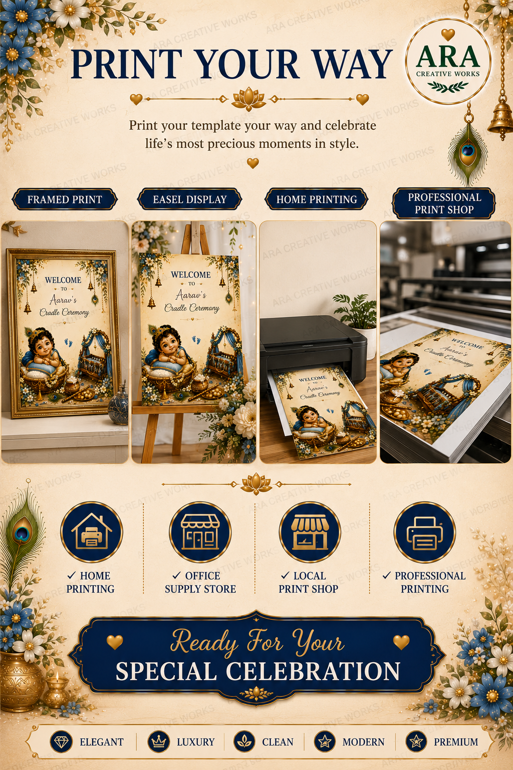 Royal Little Krishna Cradle Ceremony Welcome Sign | Editable Canva Template