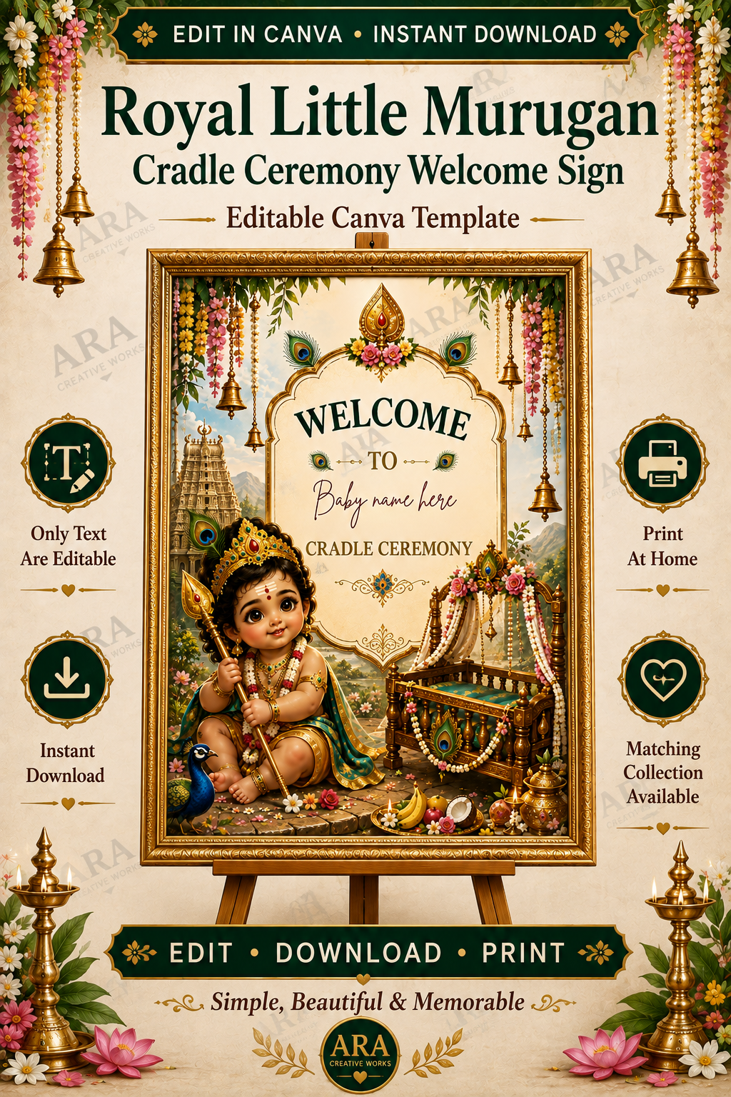 Royal Little Murugan Cradle Ceremony Welcome Sign – Editable Canva Template