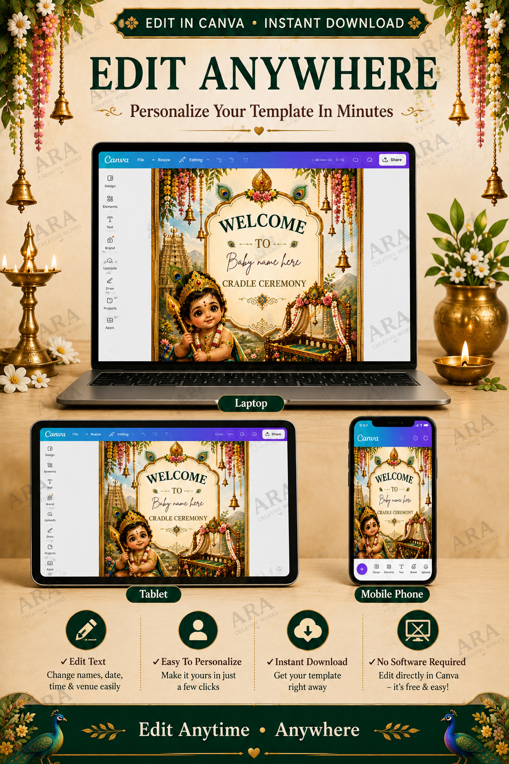 Royal Little Murugan Cradle Ceremony Welcome Sign – Editable Canva Template