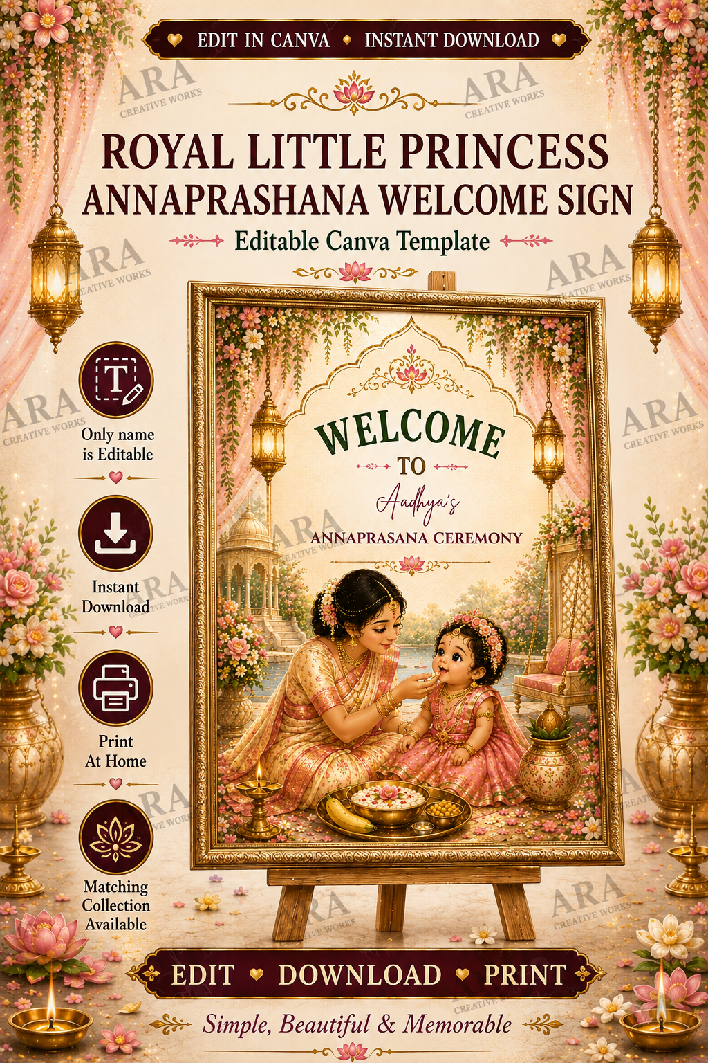 Royal Little Princess Annaprashana Welcome Sign | Editable Canva Template | Baby Girl Rice Feeding Ceremony | Indian First Food Sign