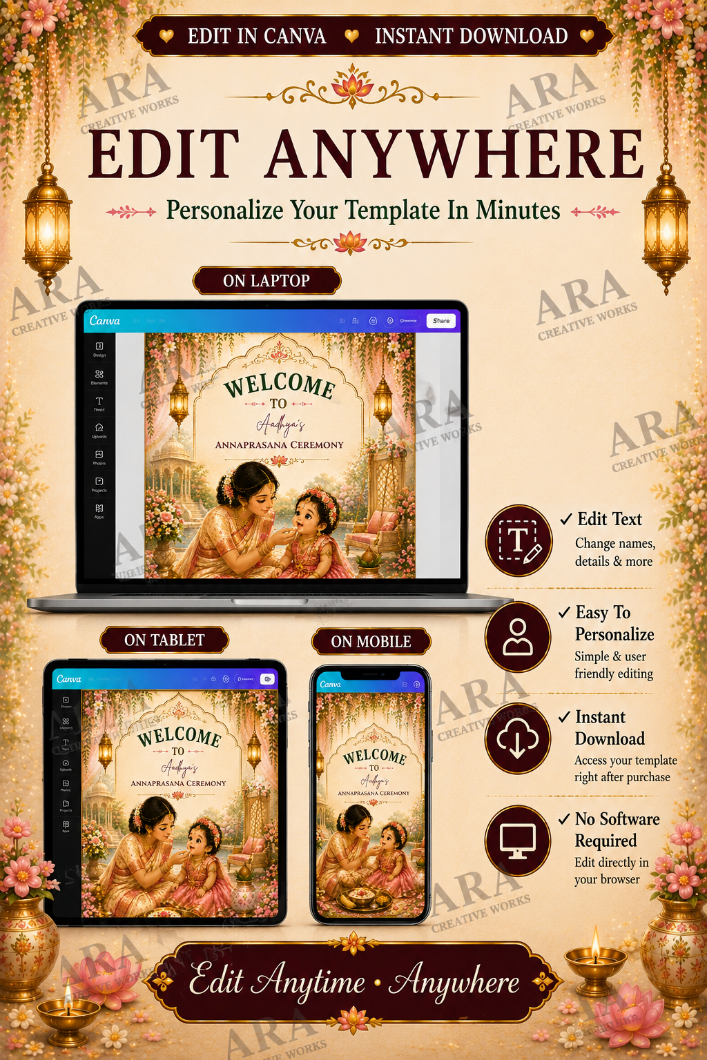 Royal Little Princess Annaprashana Welcome Sign | Editable Canva Template | Baby Girl Rice Feeding Ceremony | Indian First Food Sign