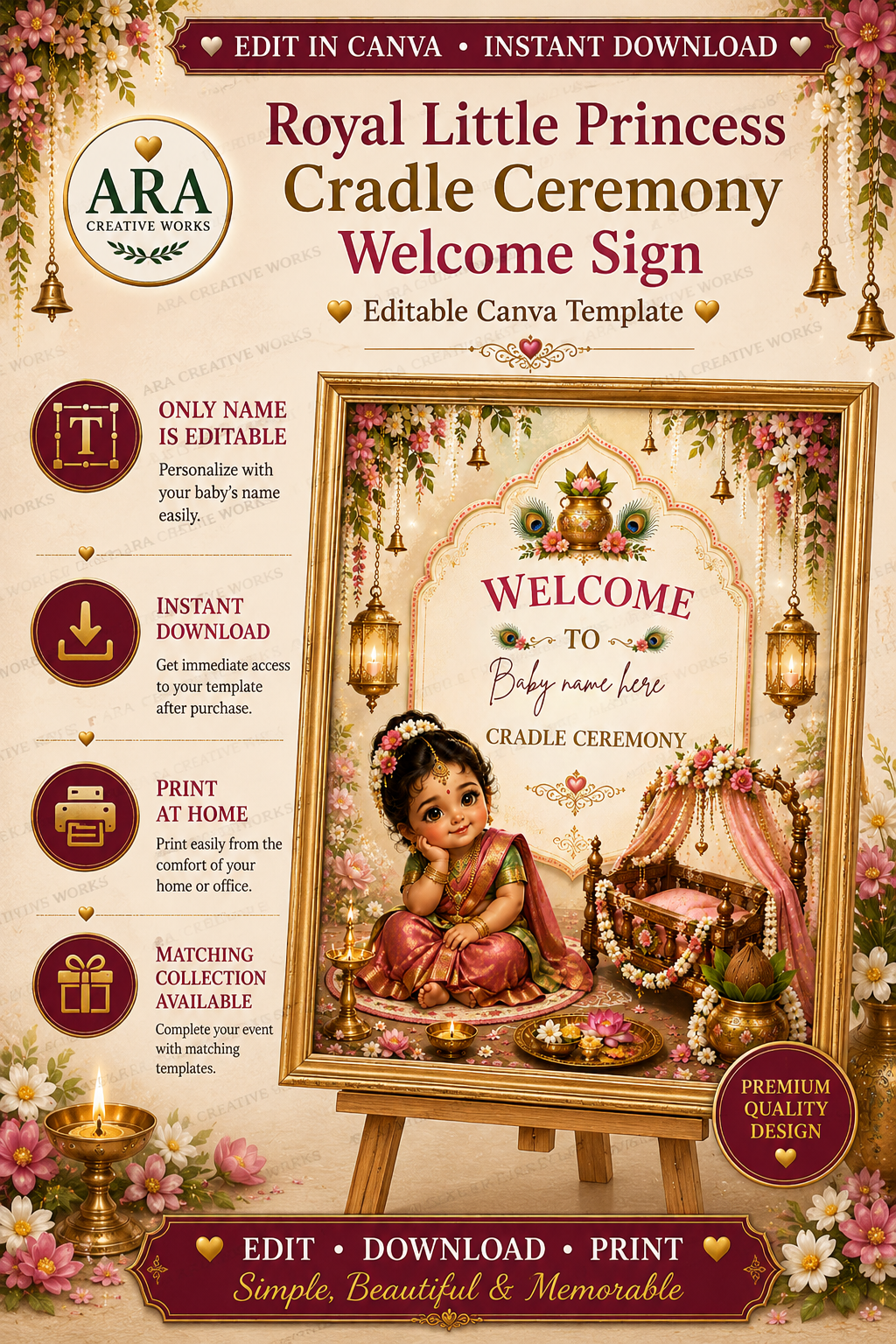 Royal Little Princess Cradle Ceremony Welcome Sign, Baby Girl Naming Ceremony Welcome Board, Indian Canva Template, Digital Download