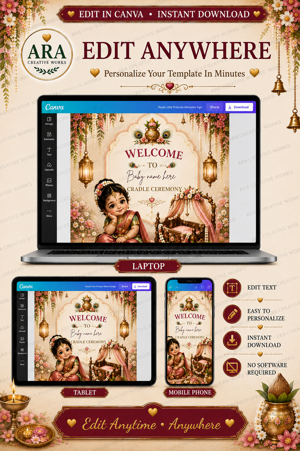 Royal Little Princess Cradle Ceremony Welcome Sign, Baby Girl Naming Ceremony Welcome Board, Indian Canva Template, Digital Download